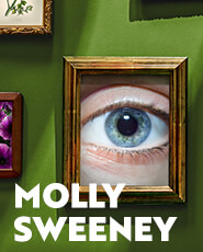 An eyeball gazes out from a golden frame, hung on a green wall filled with other frames.
