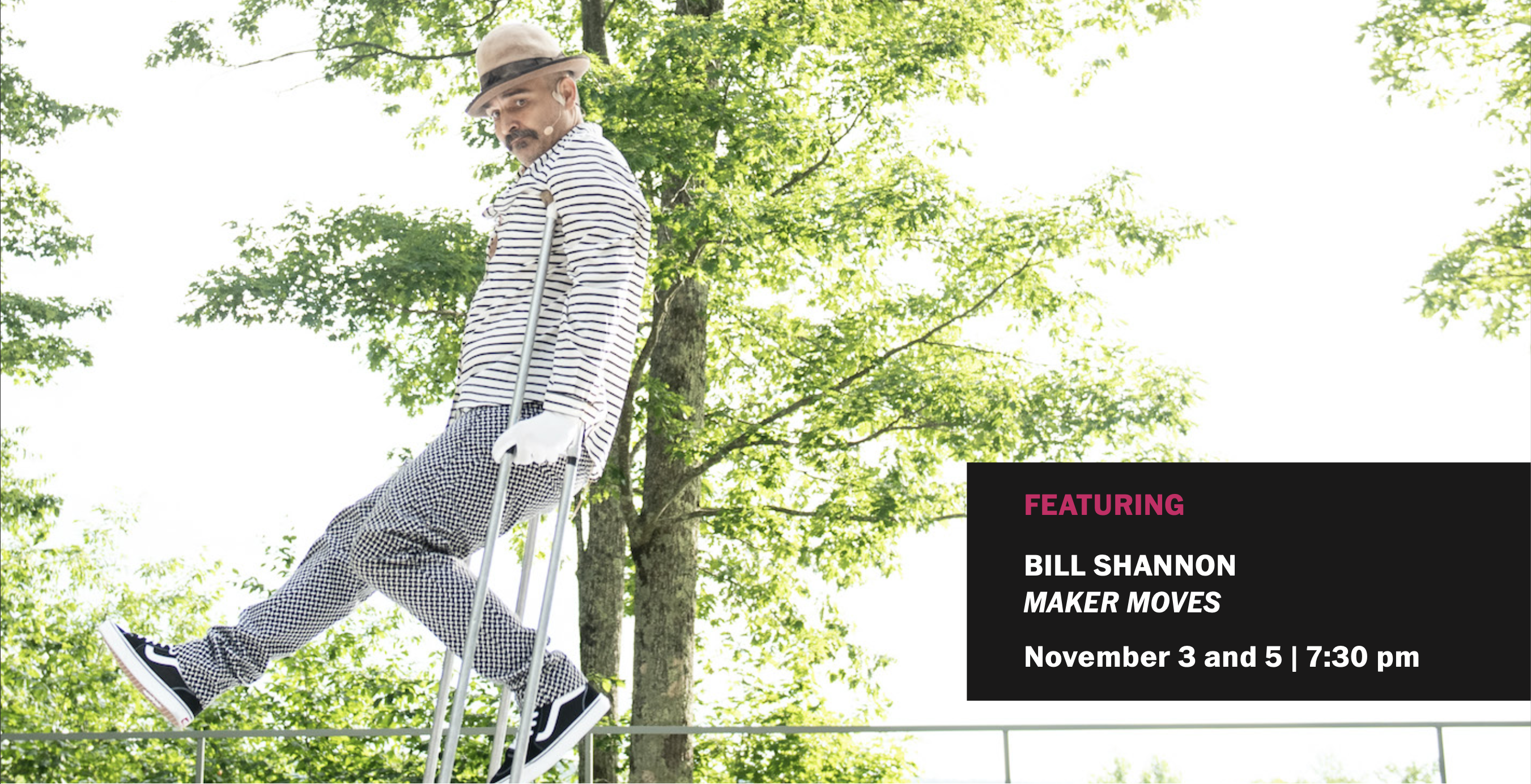 A person wearing checkered pants, a striped shirt, a hat, and skater shoes balances in a pose with use of their crutches.
