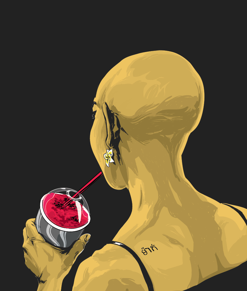 A person sipping a slushy from a straw. We see the back of their head.