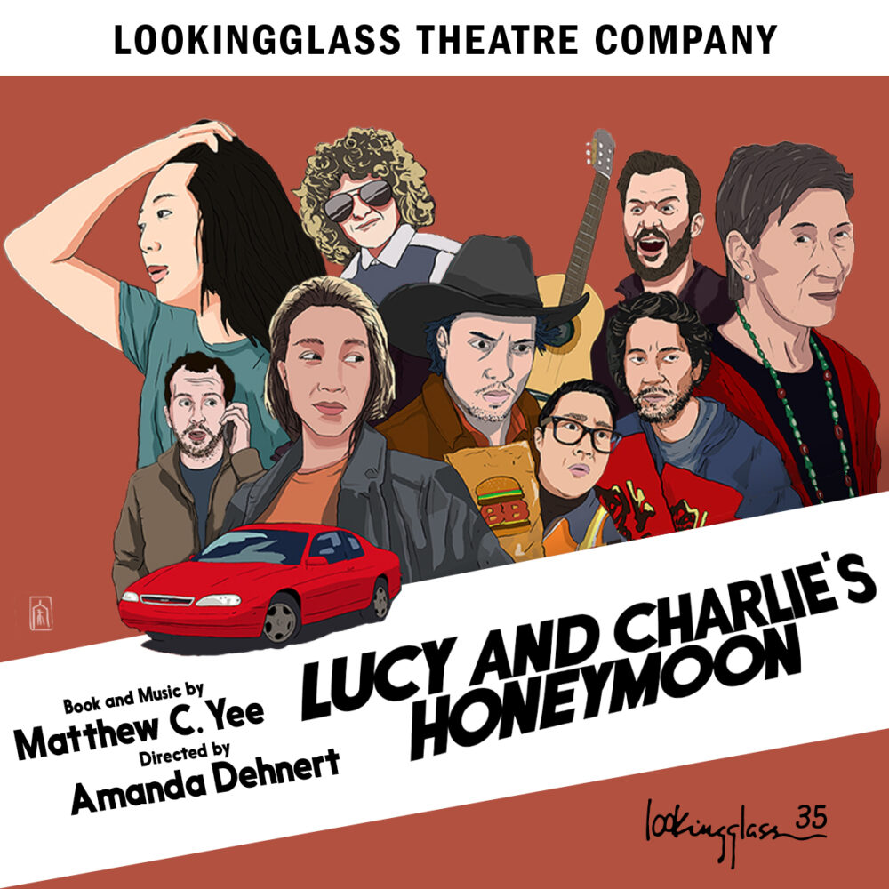 A stylized graphic of nine people, a red car, and the title: Lucy and Charlie's Honeymoon.